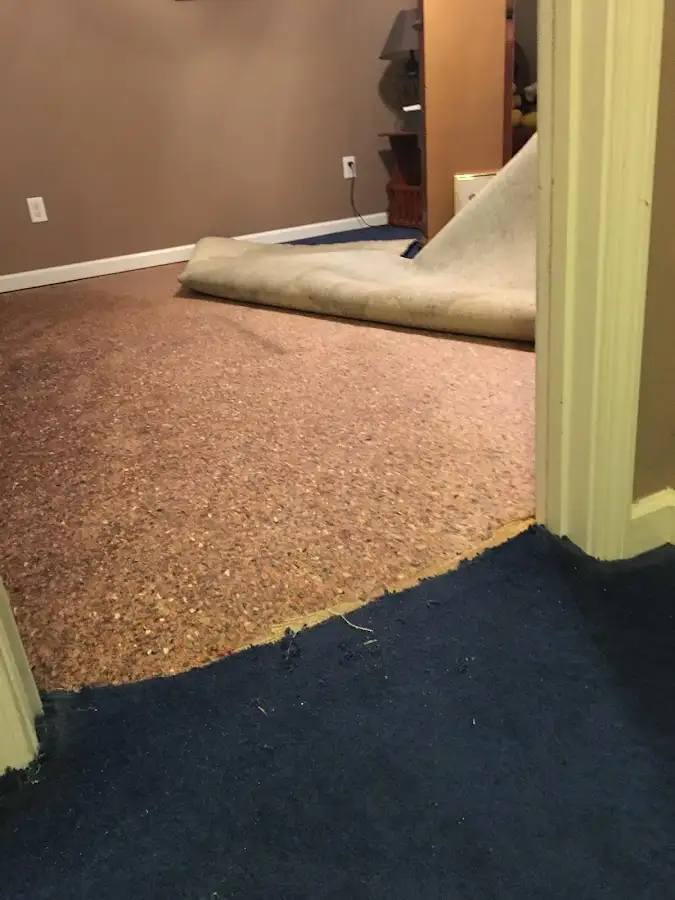 Carpet pad removal revealing water damage during Drying & Dehumidification in Happy Valley